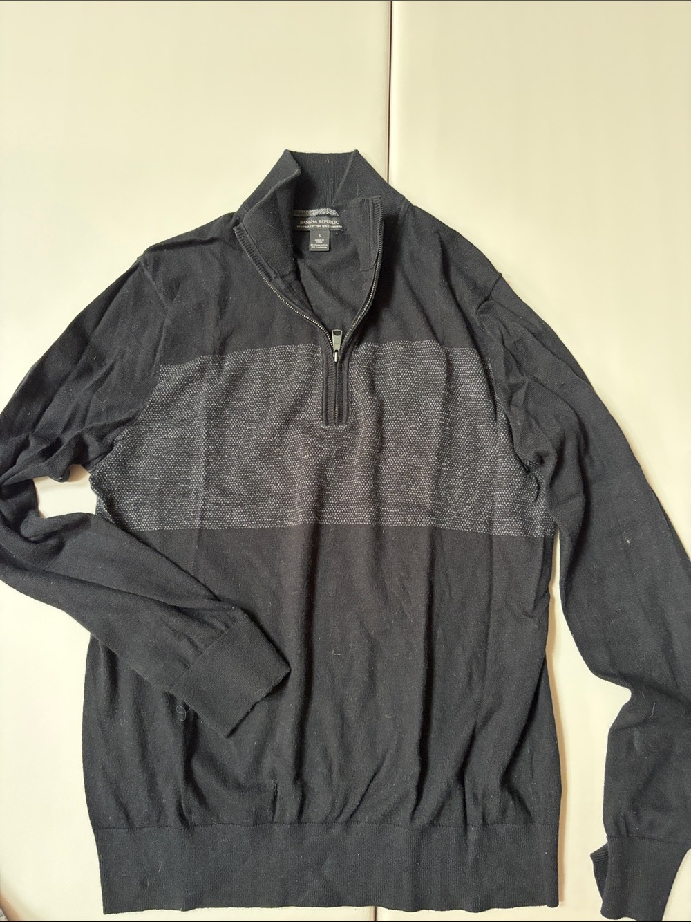 Banana Republic Black Sweater with Gray Heather Chest Stripe - Quarter Zip